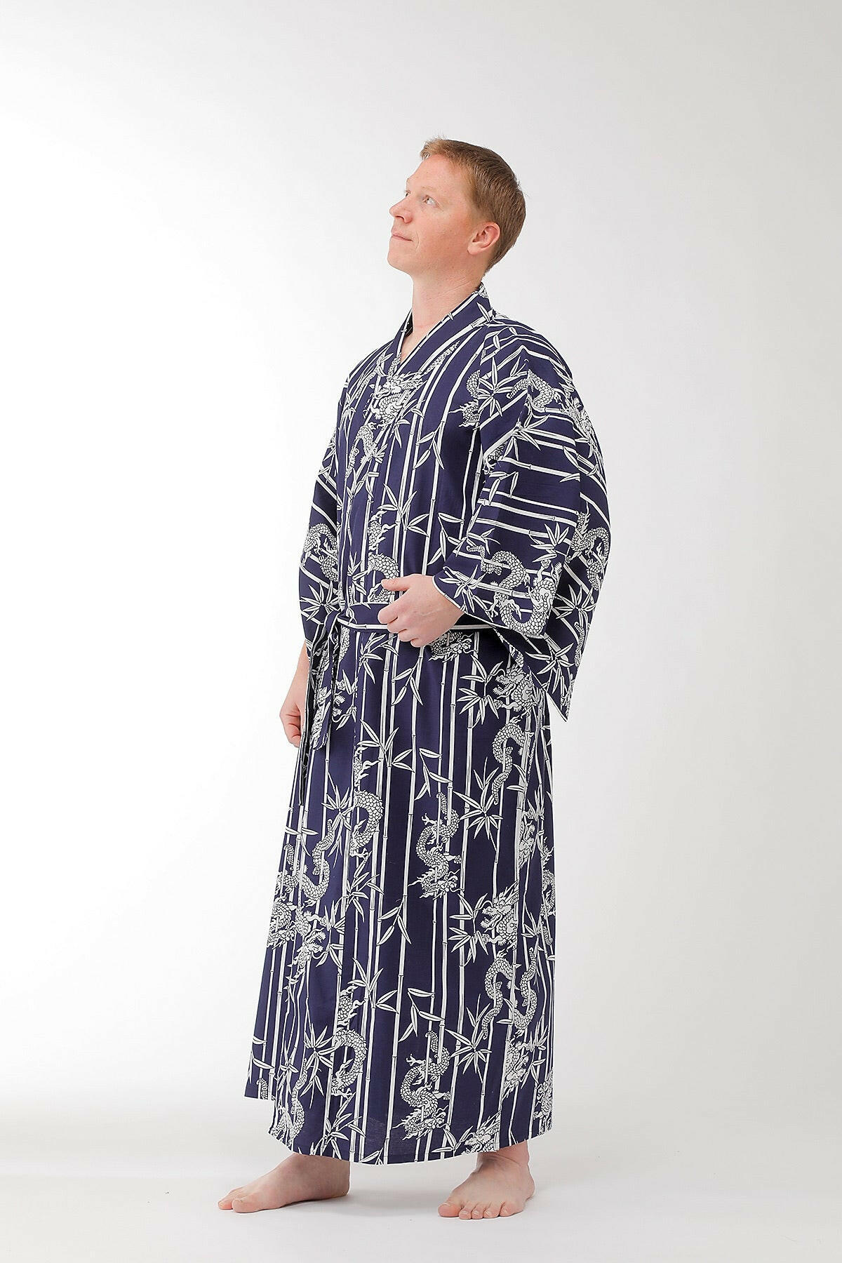 Men Bamboo & Dragon Cotton Yukata Kimono Model Side View