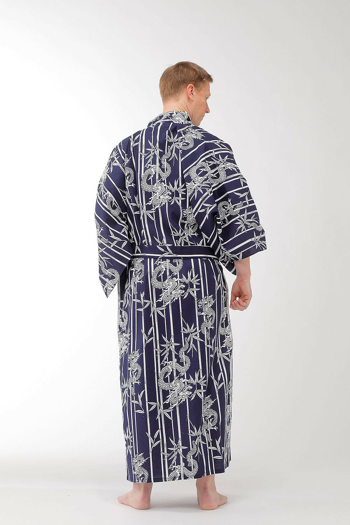 Men Bamboo & Dragon Cotton Yukata Kimono Model Rear View