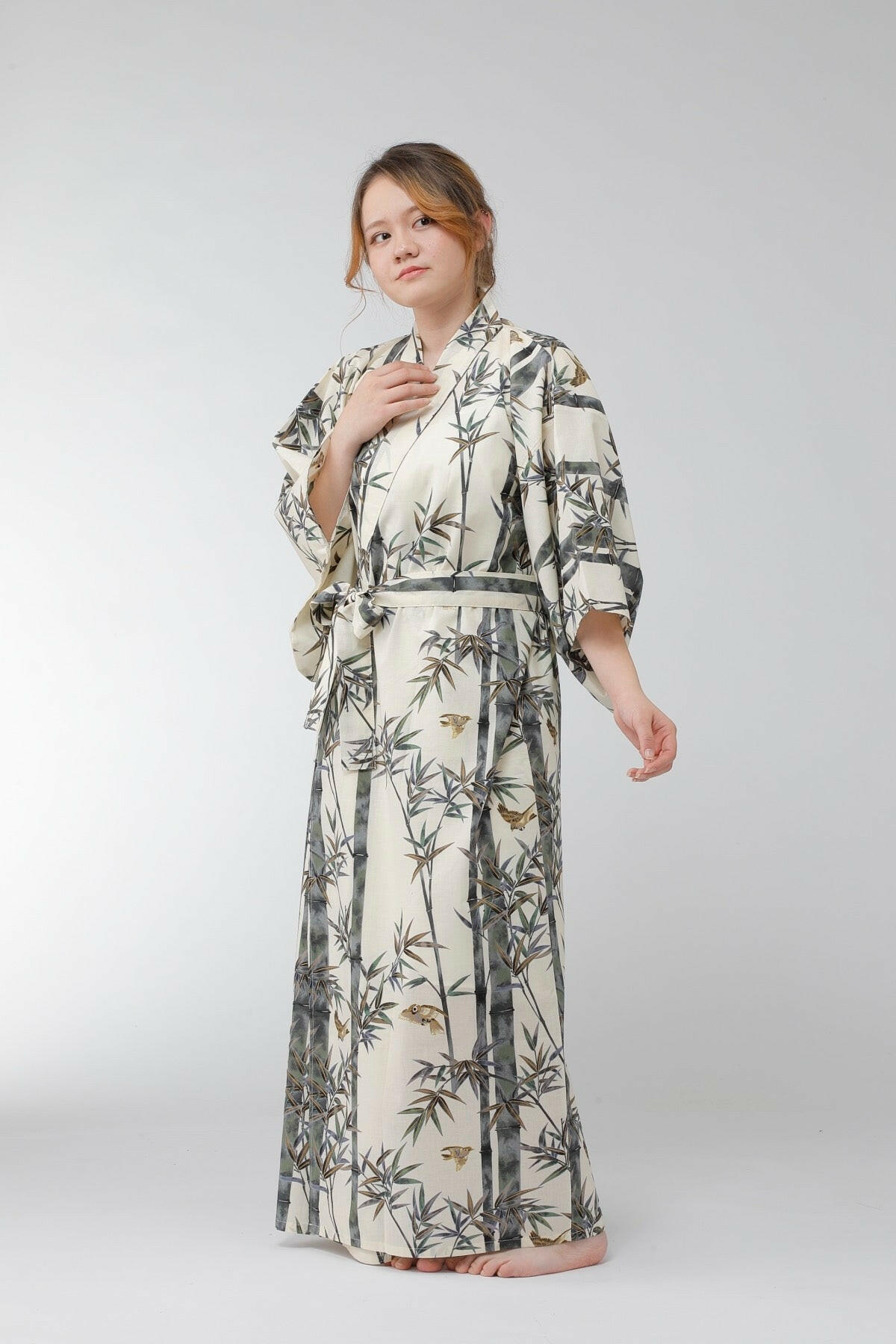 Women Bamboo & Sparrow Cotton Yukata Kimono Model Front View