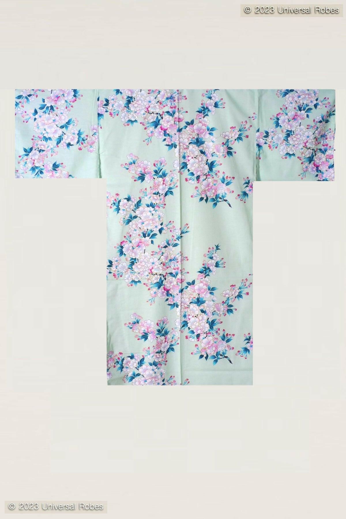 Women White Cherry Blossoms Cotton Short Yukata Kimono Color Turquoise Product Whole View