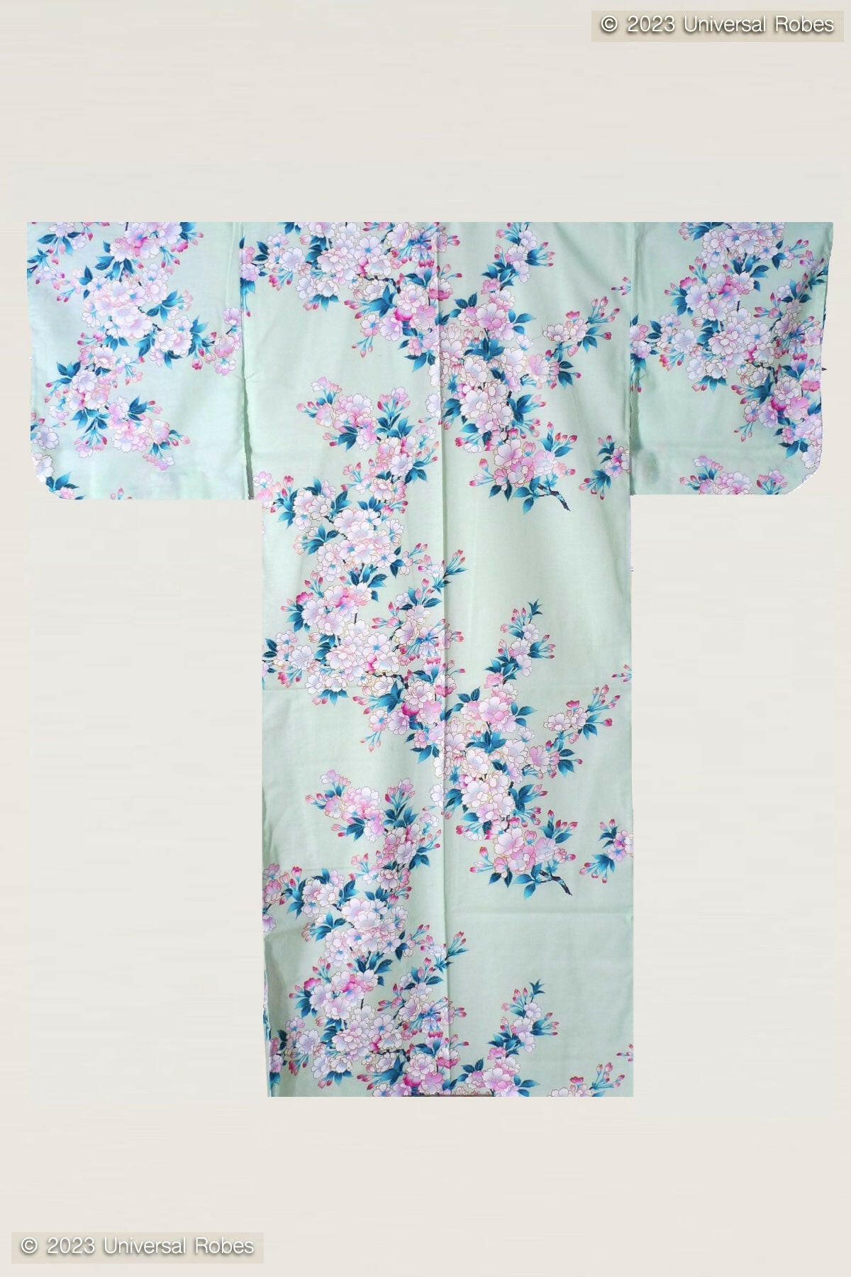 Women White Cherry Blossoms Cotton Yukata Kimono Color Turquoise Product Whole View