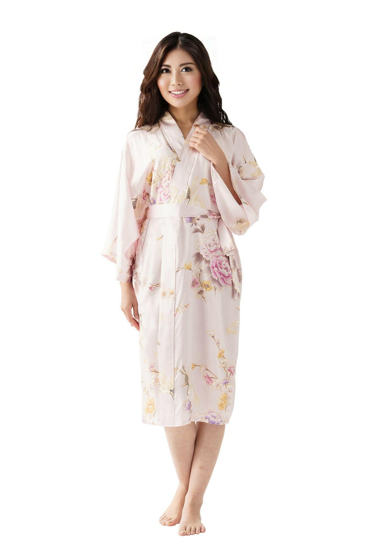 Women Crane & Peony Silk Short Kimono Color Pink Model Front View