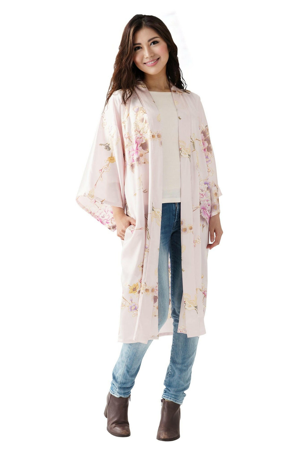 Women Crane & Peony Silk Short Kimono Color Pink Model Front No Belt View