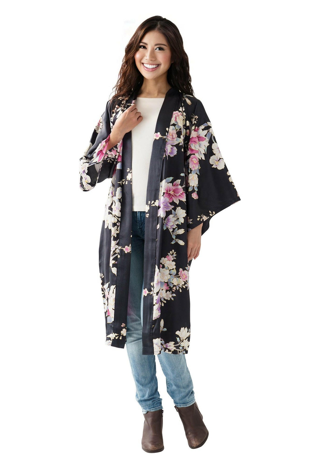 Women Orchid Silk Short Kimono Color Black Model Front No Belt View