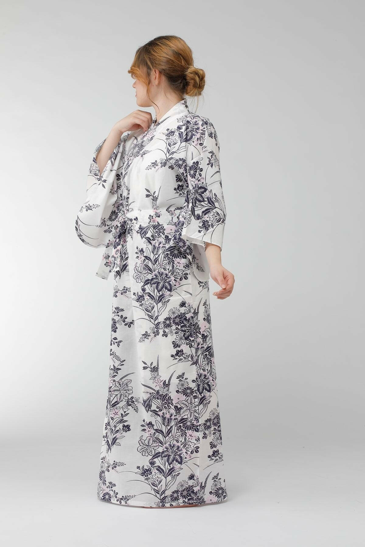 Women Lily Cotton Yukata Kimono Color White Model Side View