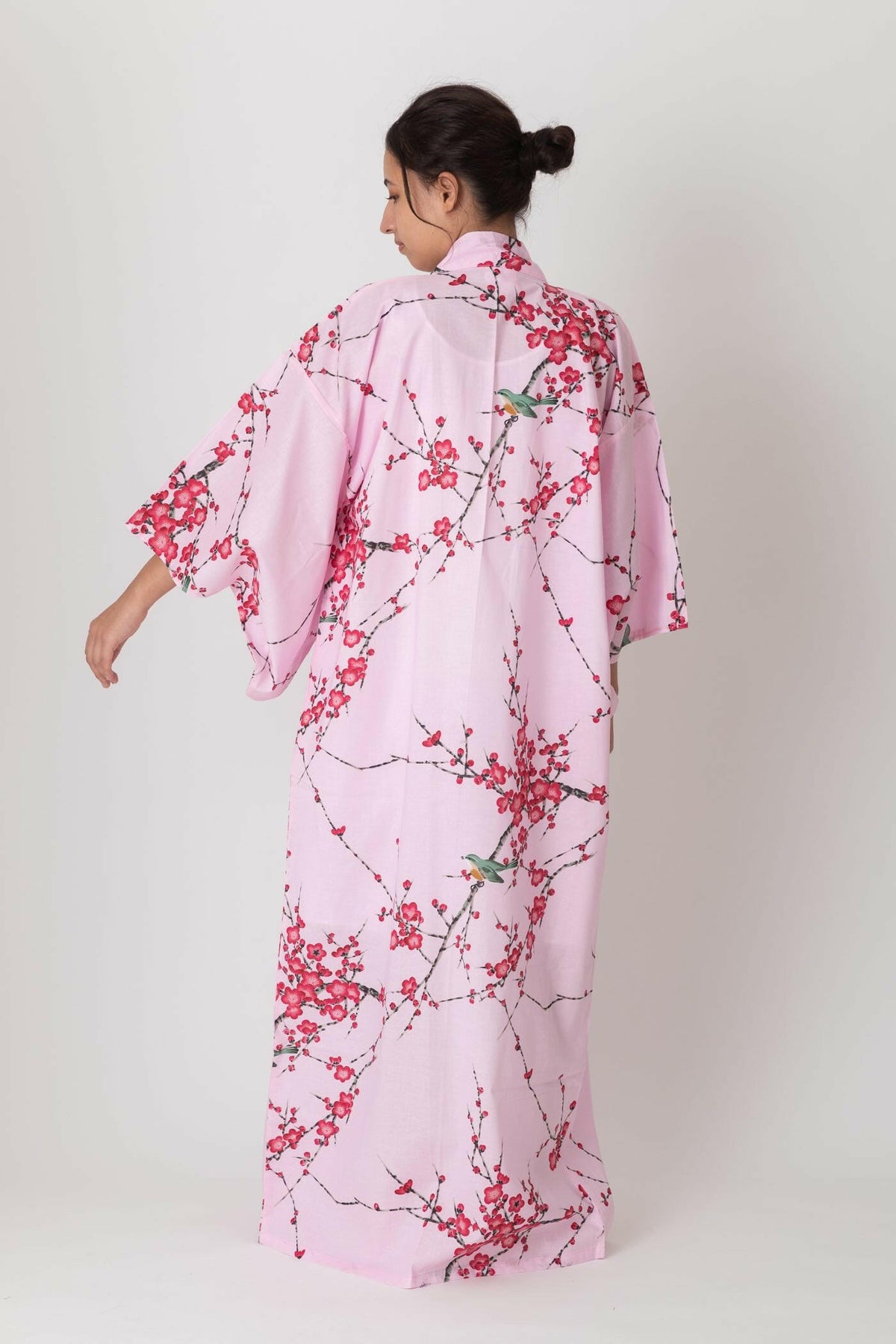 Women Plum & Bush Warbler Cotton Yukata Kimono Color Pink Model Rear No Belt View