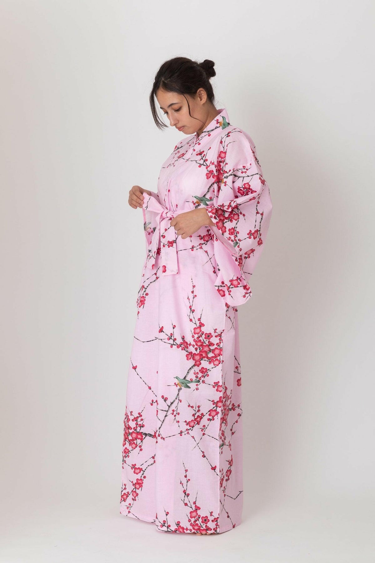 Women Plum & Bush Warbler Cotton Yukata Kimono Color Pink Model Side View