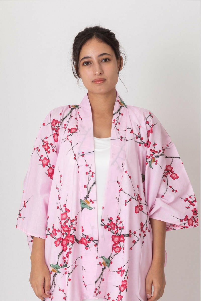 Women Plum & Bush Warbler Cotton Very Short Yukata Kimono Color Pink Women Front No Belt View