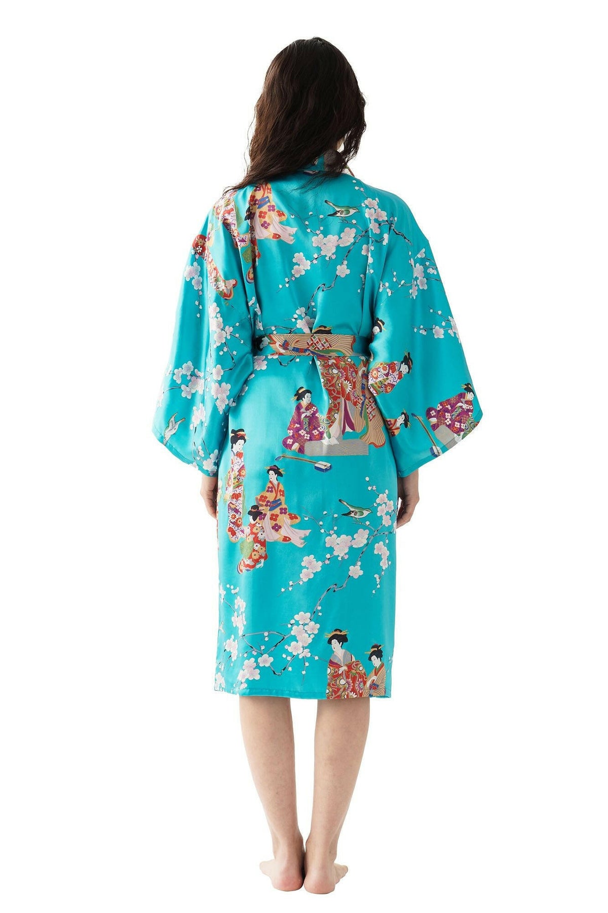 Women Kimono Beauty Silk Short Kimono Color Turquoise Model Rear View