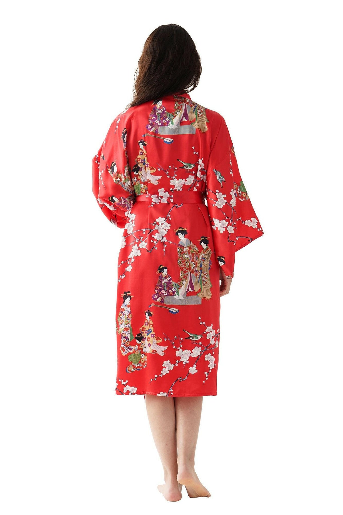 Women Kimono Beauty Silk Short Kimono Color Red Model Rear View