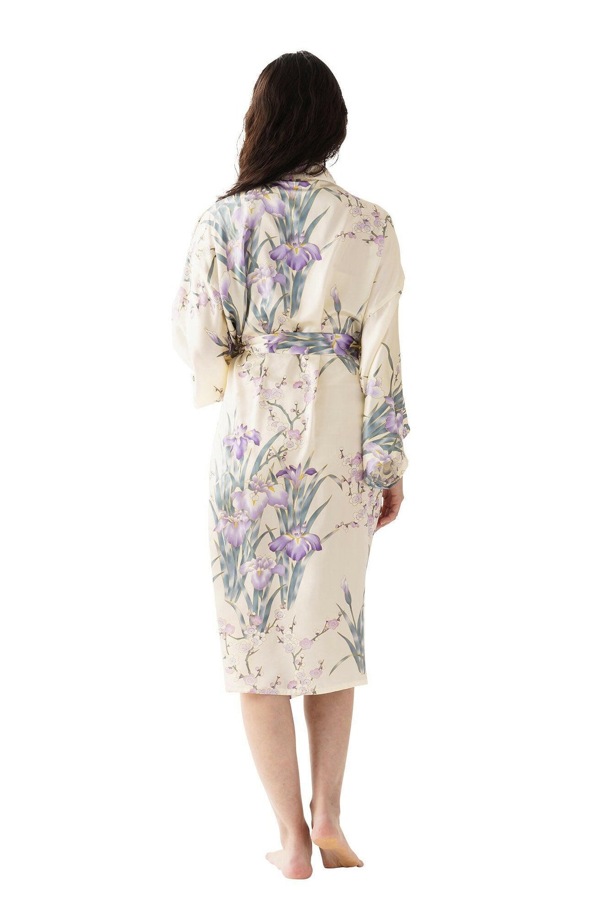 Women Iris & Plum Silk Short Kimono Color White Model Rear View