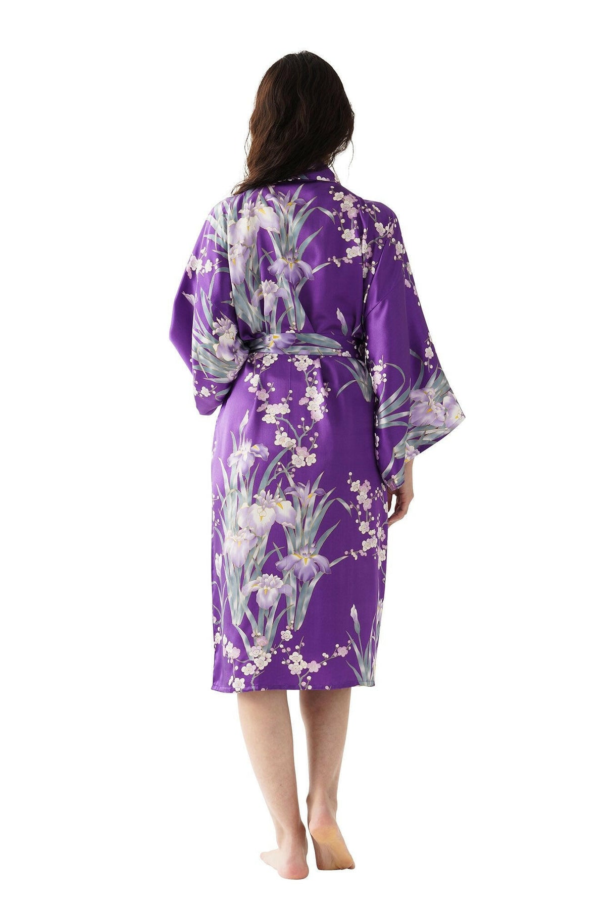 Women Iris & Plum Silk Short Kimono Color Purple Model Rear View