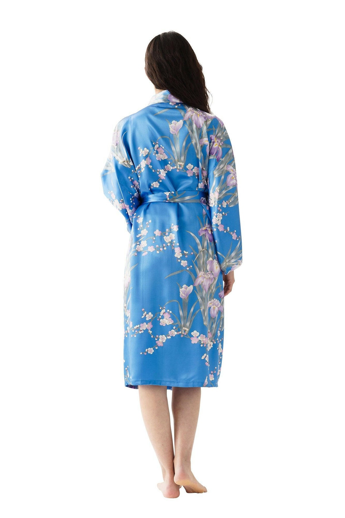 Women Iris & Plum Silk Short Kimono Color Blue Model Rear View