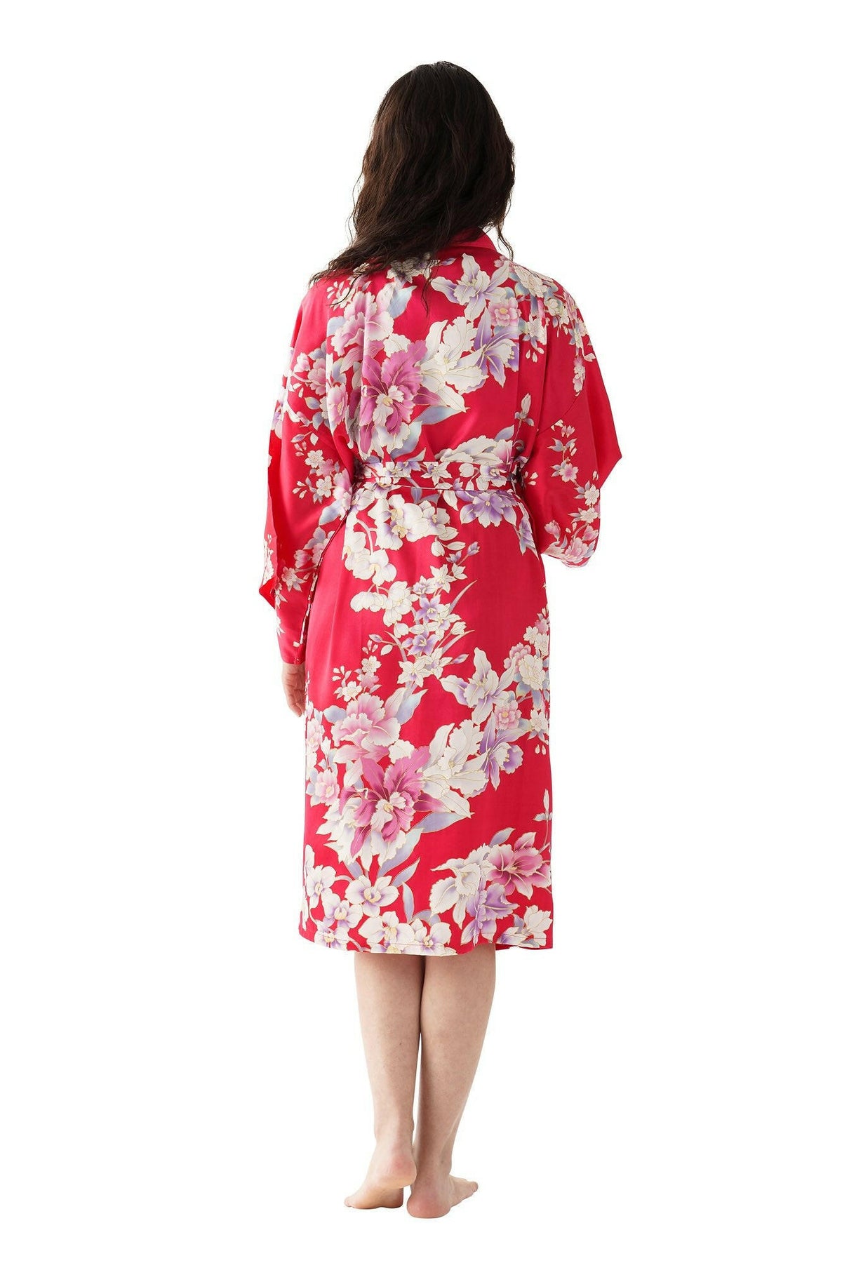 Women Orchid Silk Short Kimono Color Red Model Rear View