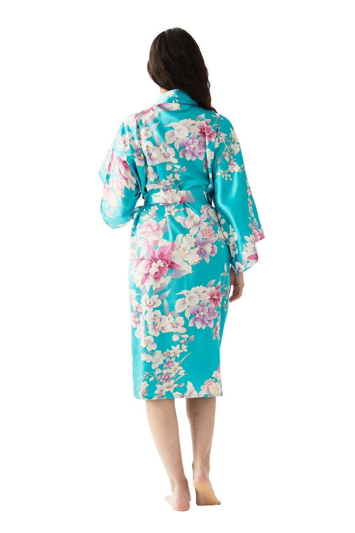 Women Orchid Silk Short Kimono Color Turquoise Model Rear View