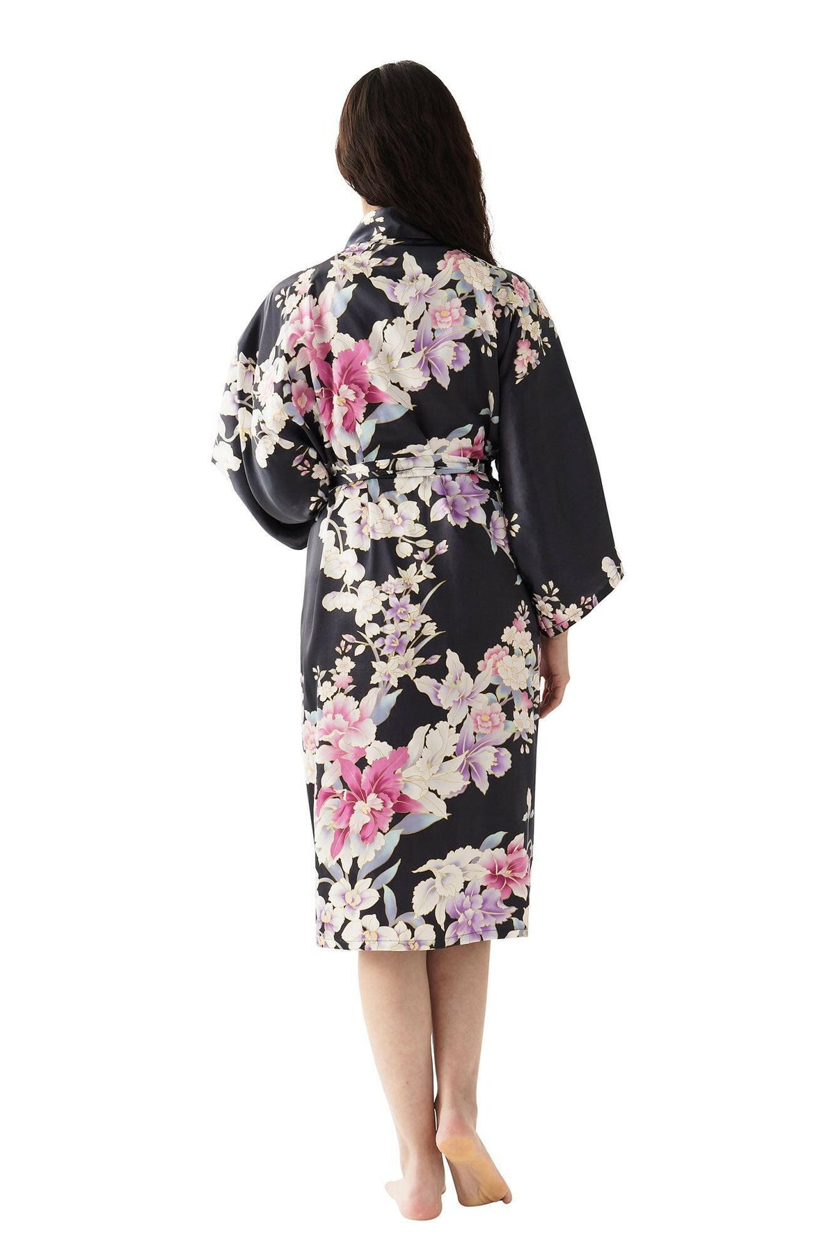 Women Orchid Silk Short Kimono Color Black Model Rear View