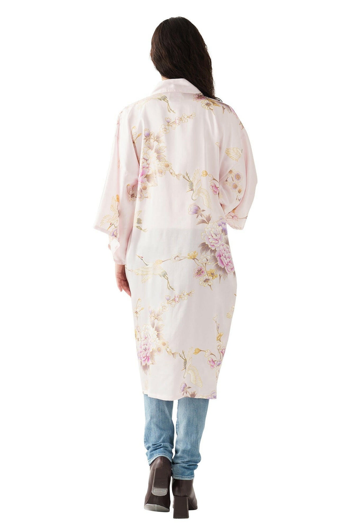 Women Crane & Peony Silk Short Kimono Color Pink Model Rear No Belt View