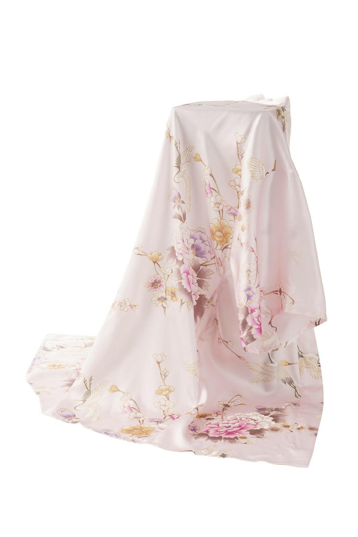 Women Crane & Peony Silk Short Kimono Color Pink Product Whole View
