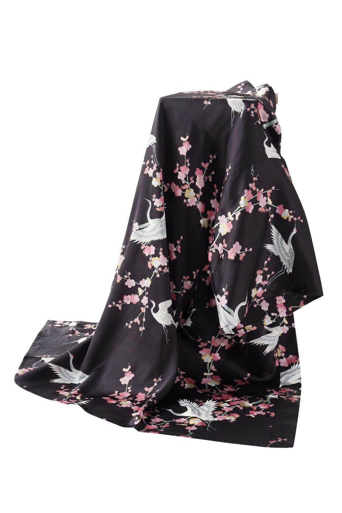 Women Plum & Crane Silk Kimono Color Black Product Whole View