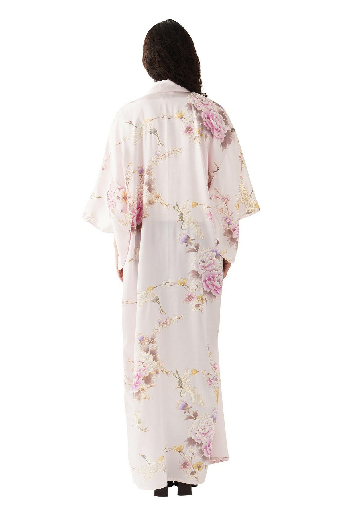 Women Crane & Peony Silk Kimono Color Pink Model Model Rear No Belt View