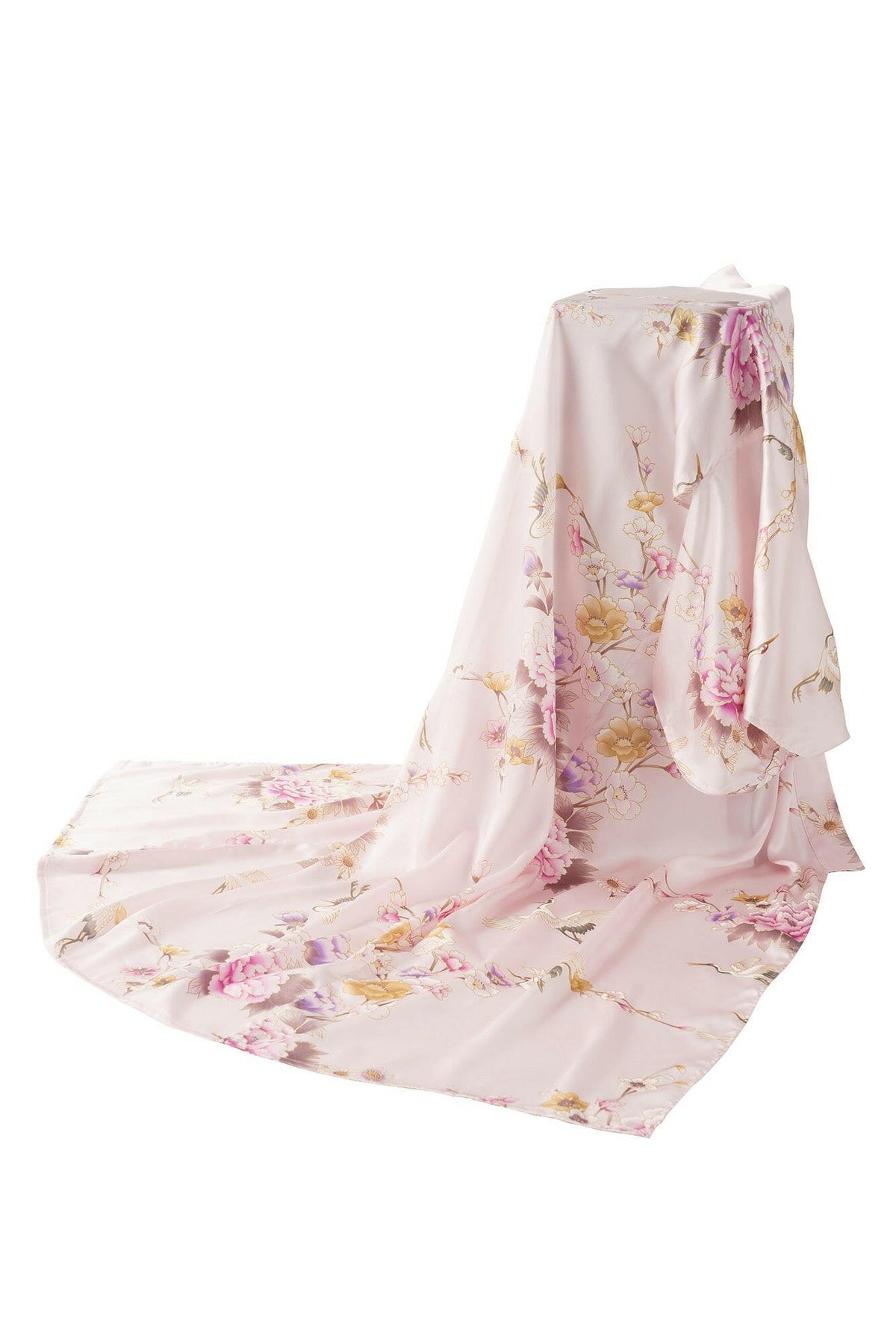Women Crane & Peony Silk Kimono Color Pink Product Whole View