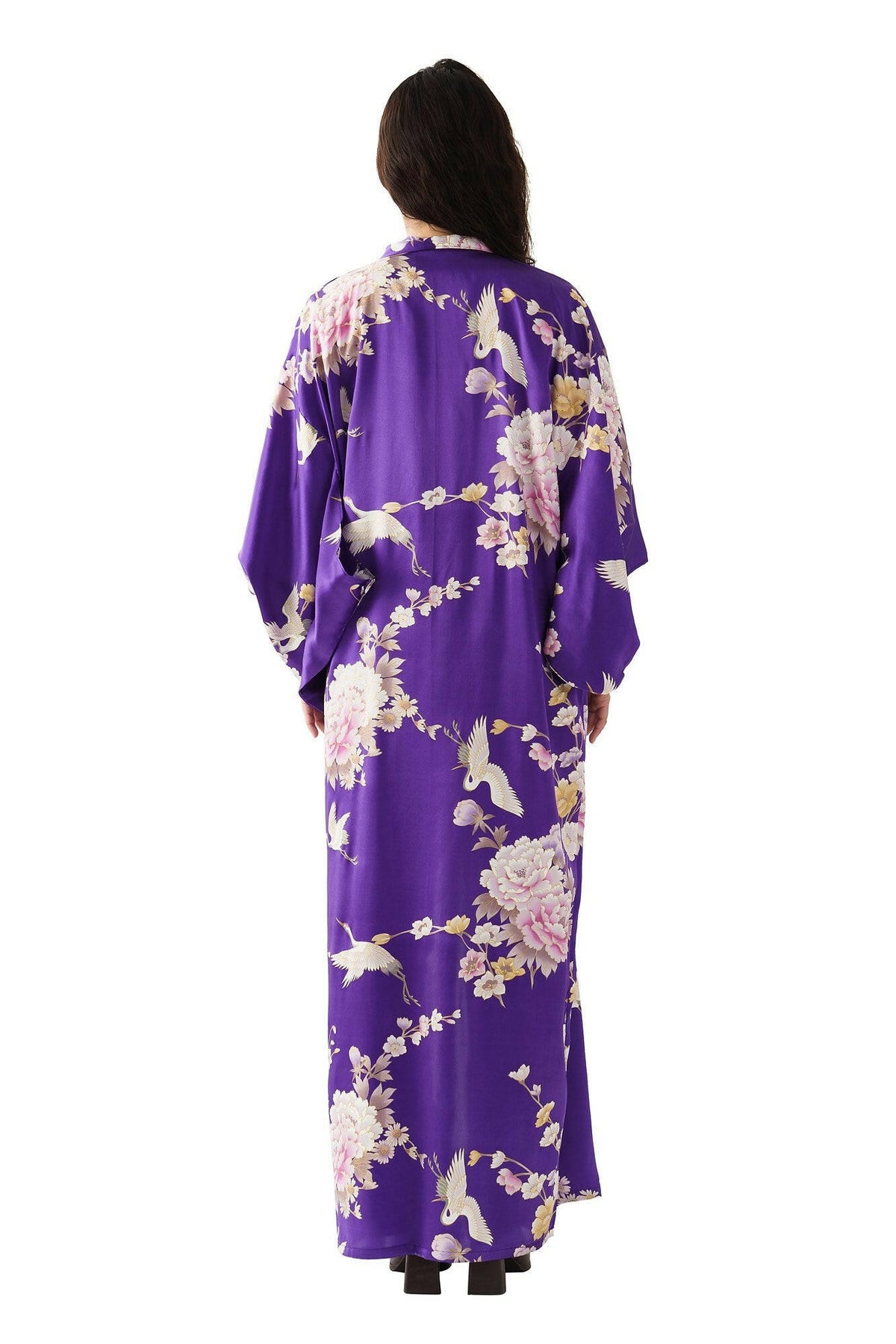 Women Crane & Peony Silk Kimono Color Purple Model Rear View