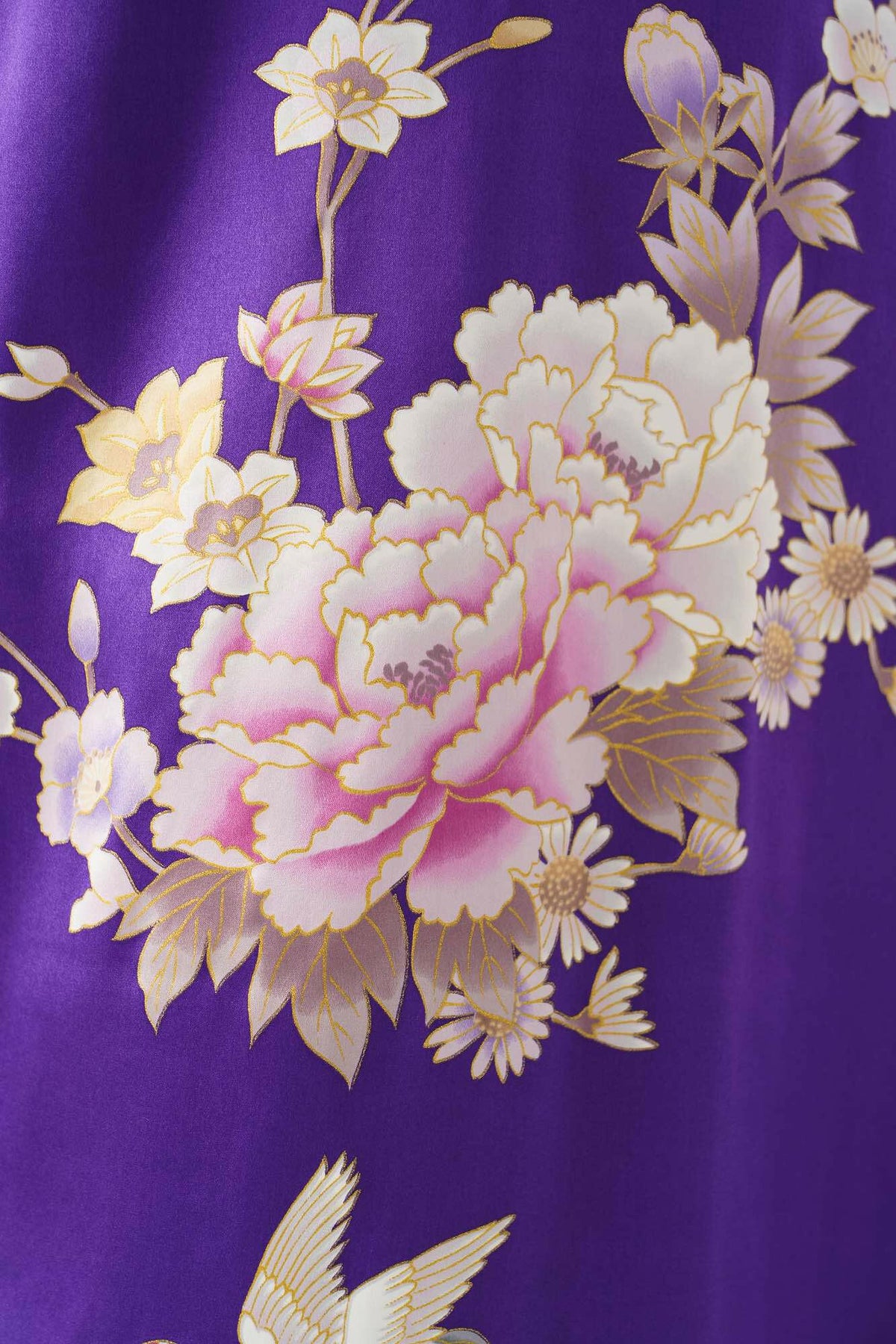 Women Crane & Peony Silk Kimono Color Purple Product Zoom View