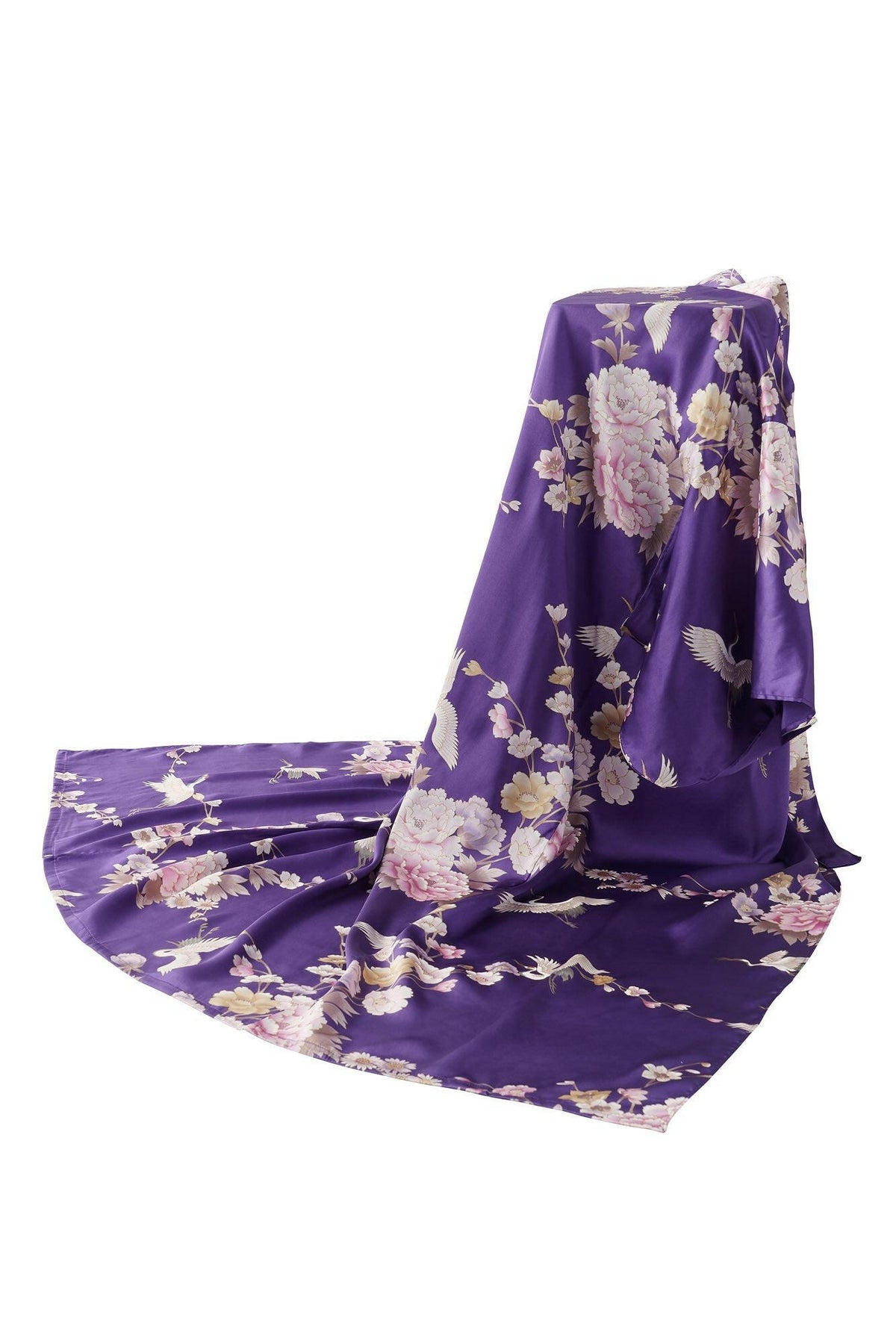 Women Crane & Peony Silk Kimono Color Purple Product Whole View