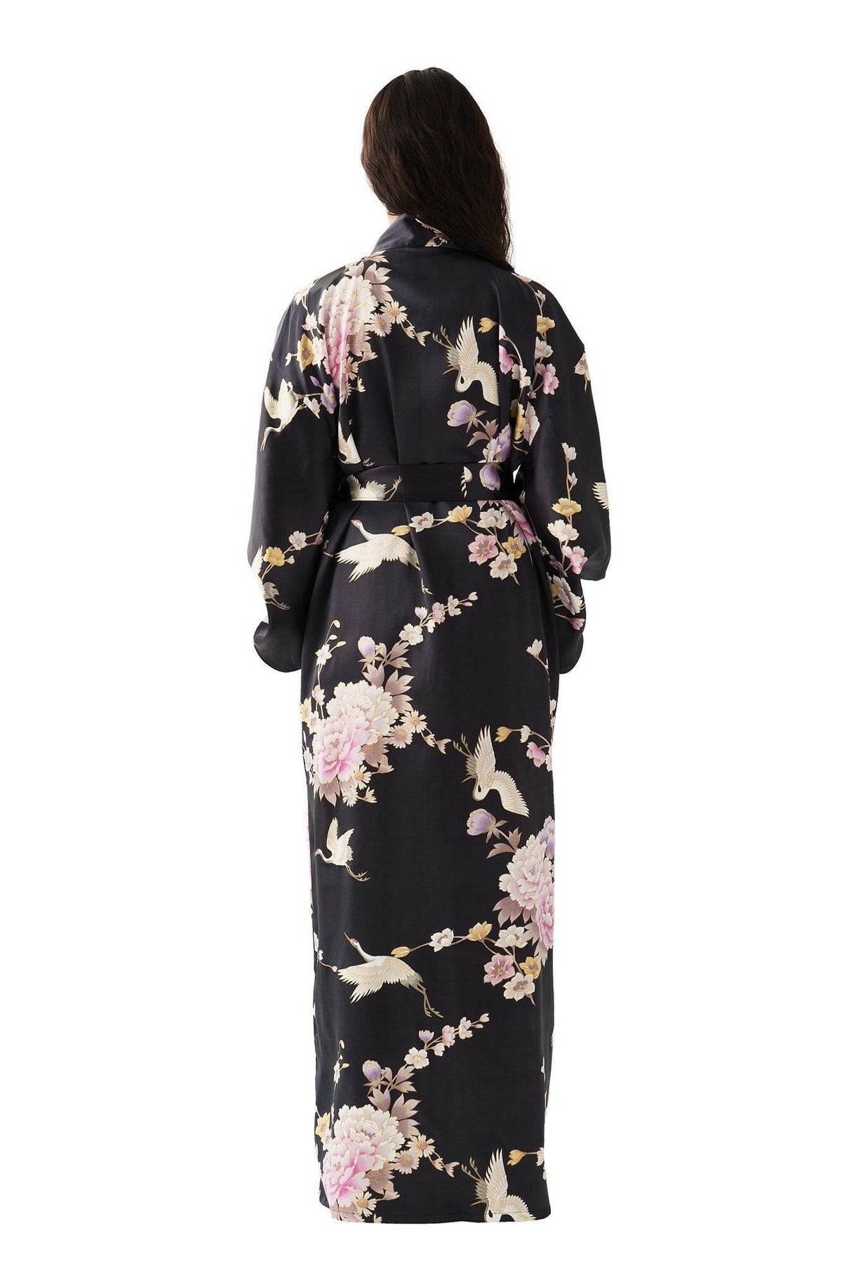Women Crane & Peony Silk Kimono Color Black Model Rear View