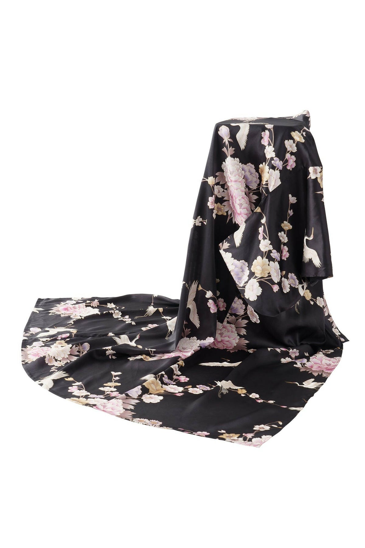 Women Crane & Peony Silk Kimono Color Black Product Whole View
