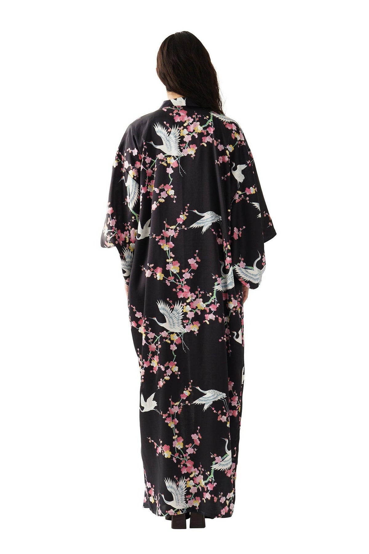 Women Plum & Crane Silk Kimono Color Black Model Rear No Belt View