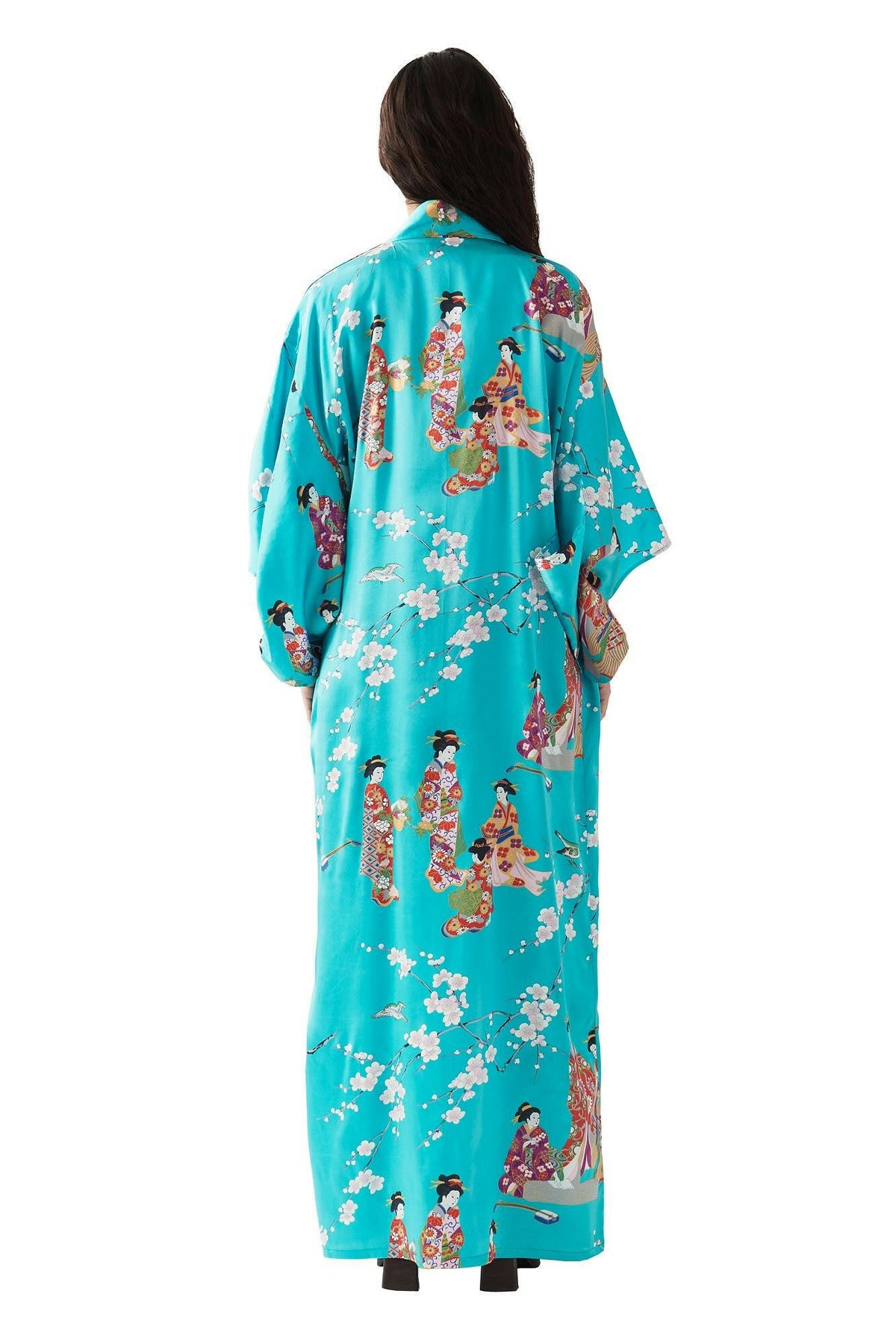 Women Kimono Beauty Silk Kimono Color Turquoise Model Rear No Belt View