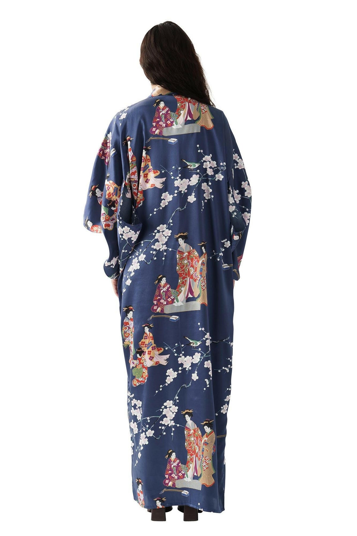 Women Kimono Beauty Silk Kimono Color Navy Model Rear No Belt View