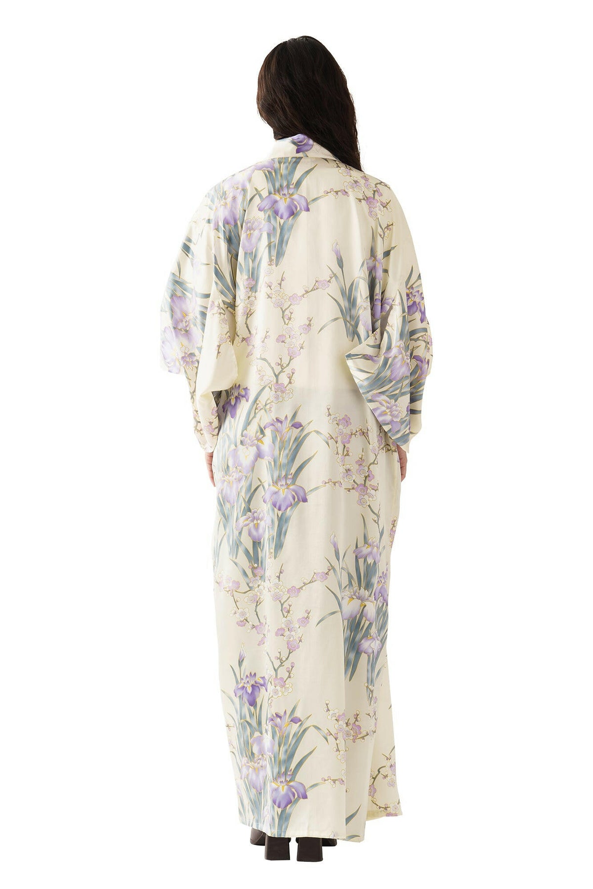Women Iris & Plum Silk Kimono Color White Model Rear No Belt View