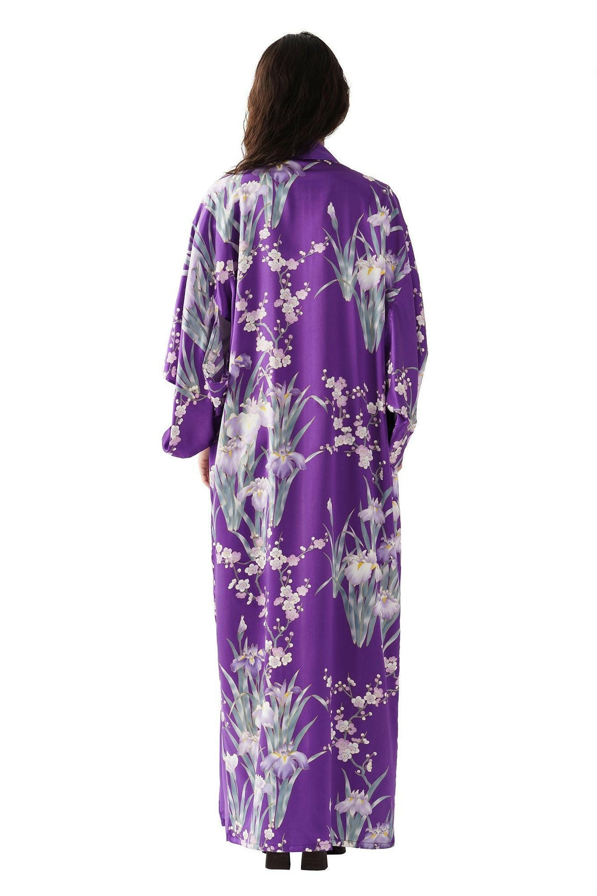Women Iris & Plum Silk Kimono Color Purple Model Rear No Belt View