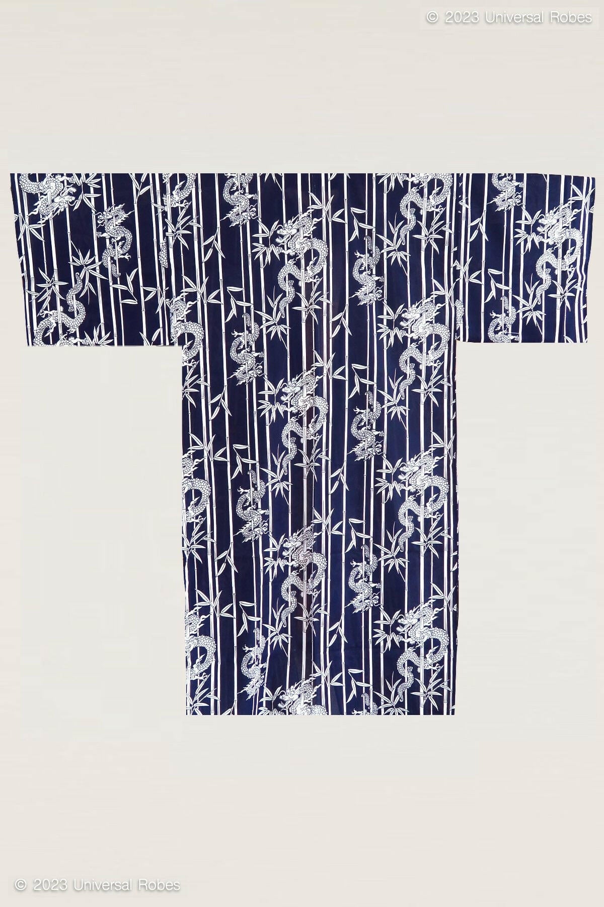 Men Bamboo & Dragon Cotton Yukata Kimono - Navy / Plus Size Robe