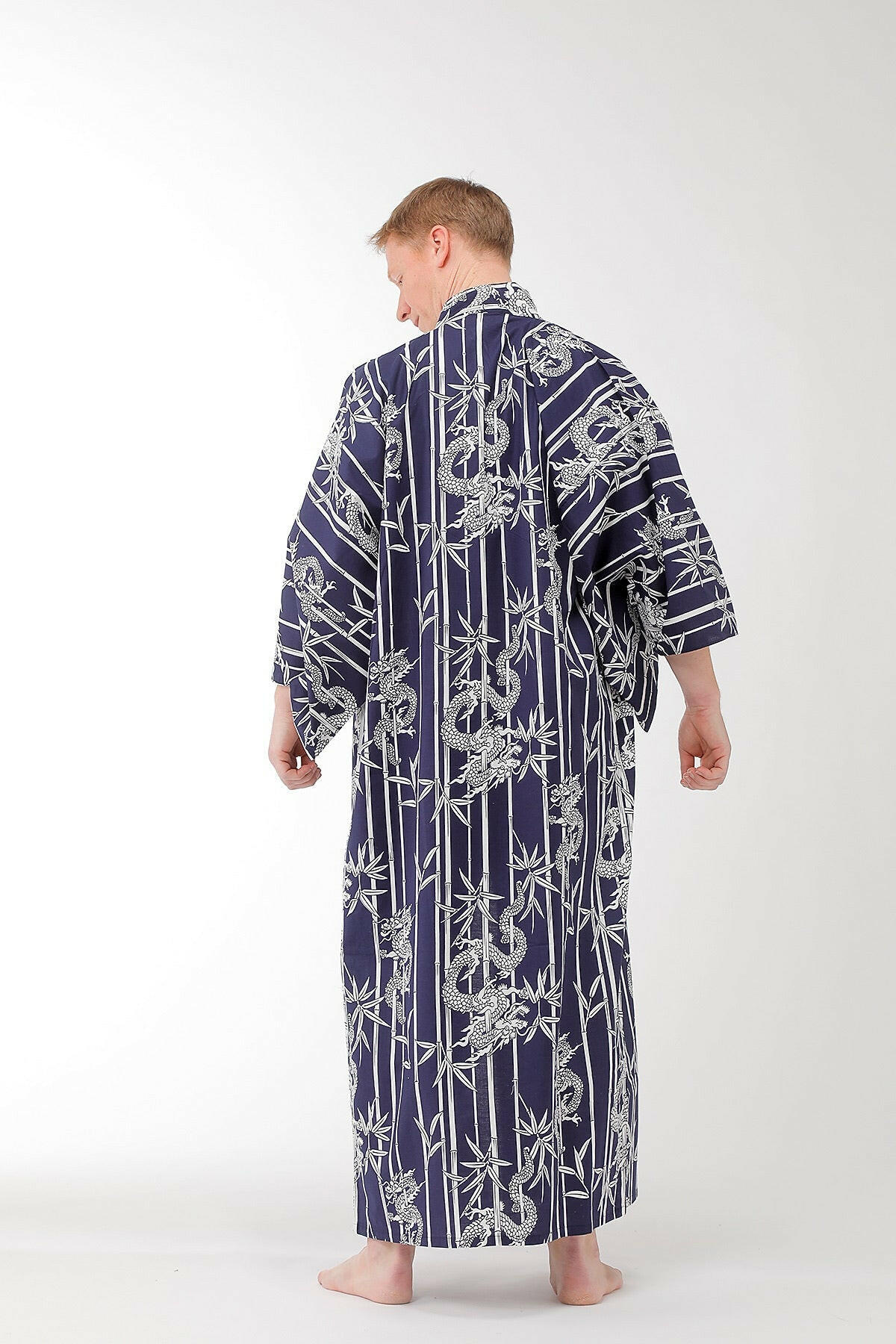 Men Bamboo & Dragon Cotton Yukata Kimono - Navy / Plus Size Robe