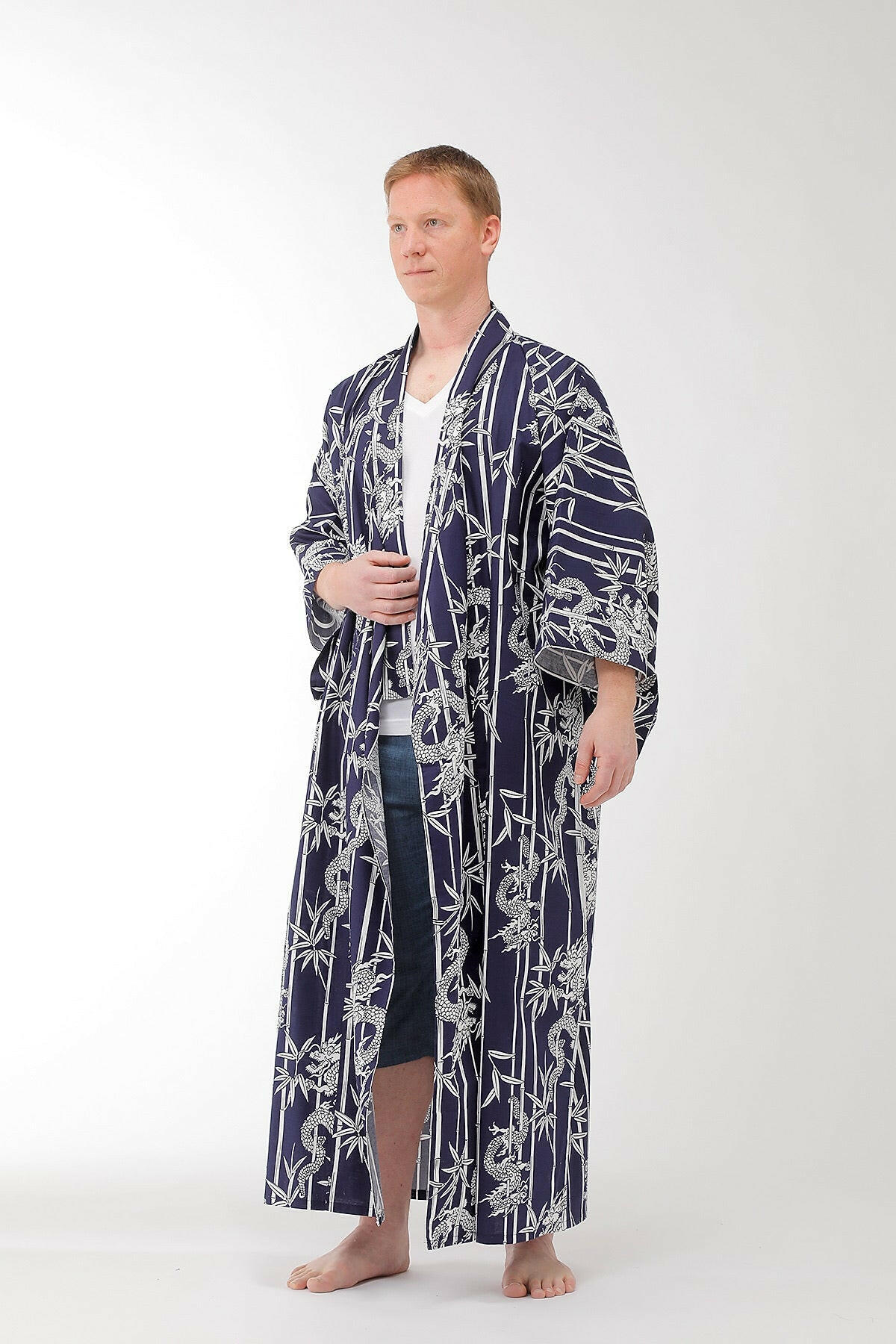 Men Bamboo & Dragon Cotton Yukata Kimono - Navy / Plus Size Robe