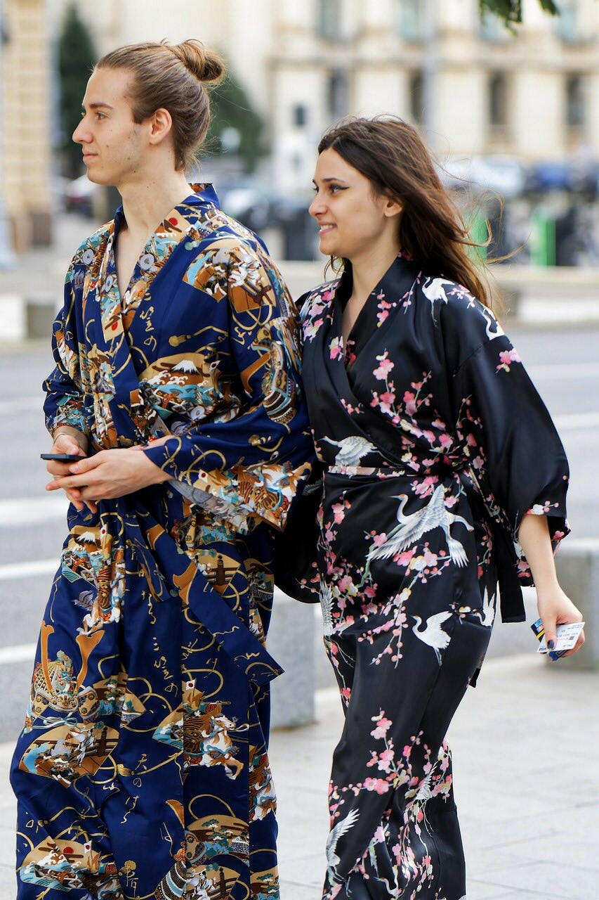 Women Plum & Crane Silk Kimono Color Black Model View